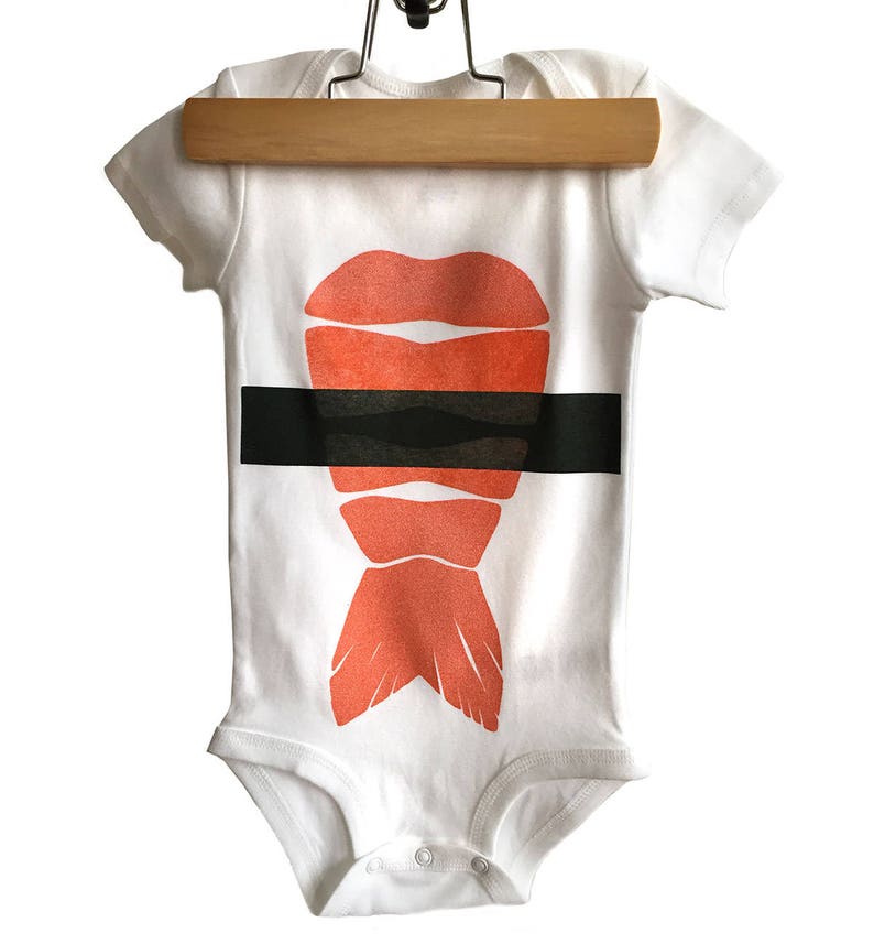 Shrimp Nigiri Infant Bodysuit, Shrimp Sushi Baby Snapsuit. Sushi costume, funny baby gift. Sushi lover gift, sushi bodysuit cute baby romper White