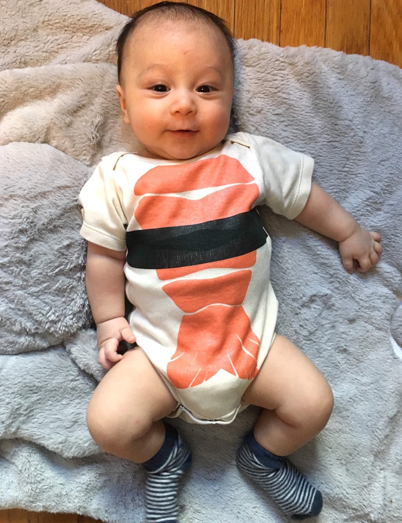 Shrimp Nigiri Infant Bodysuit, Shrimp Sushi Baby Snapsuit. Sushi costume, funny baby gift. Sushi lover gift, sushi bodysuit cute baby romper image 8