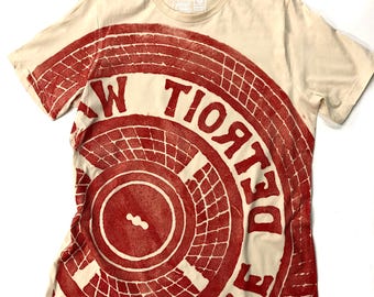 Red Tire Manhole Printed T-Shirt. OOAK Streetwear, unique Detroit hockey fan gift