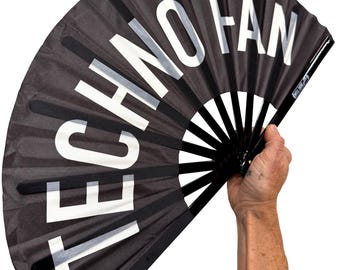 Techno Fan. Loud clacking festival fan. Black & white printed folding hand fan. Rave party accessory, techno gift, EDC, Burning Man