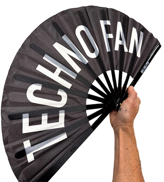 Techno Fan. Loud clacking festival fan. Black & white printed folding hand fan. Rave party accessory, techno gift, EDC, Burning Man