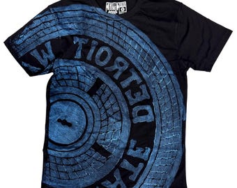 Detroit Tire T-Shirt, Blue Manhole Cover on Black. Gift for Football fan, Handmade Streetwear