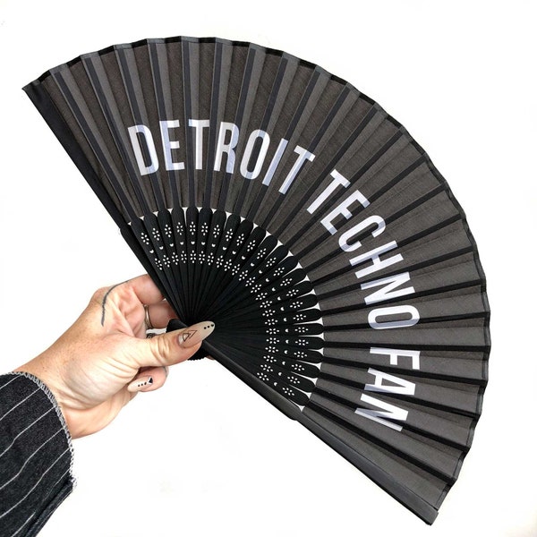 Detroit Techno Fan! Printed silk, black folding hand fan. Festival fashion, fabric hand fan, festival fan, rave fan, techno gift, edm, dance