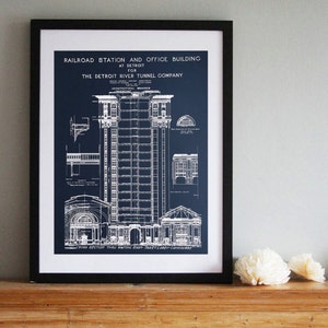 Detroit Train Station Vintage Blueprint Siebdruck Kunst Poster 49&quot;x 25&quot;