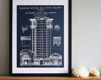 Detroit Train Station Vintage Blueprint Silkscreened Art Poster Print 19" x 25"