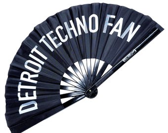 Detroit Techno Fan! Clacking festival fan, black folding hand fan. Festival fashion, fabric hand fan,  techno gift, edm, dance, Movement