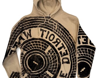 Detroit Tire Heavyweight Hoodie. Manhole Cover Printed Pullover Hoodie, Black on Tan. Unisex Sweatshirt