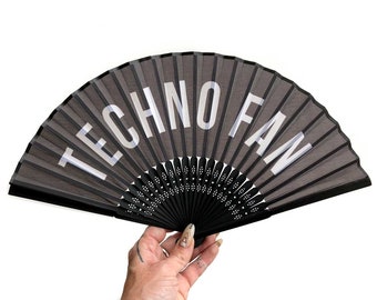 Techno Fan! Black & white printed silk, folding hand fan. Festival outfit, black fan, fabric hand fan, festival fan, rave fan, techno gift