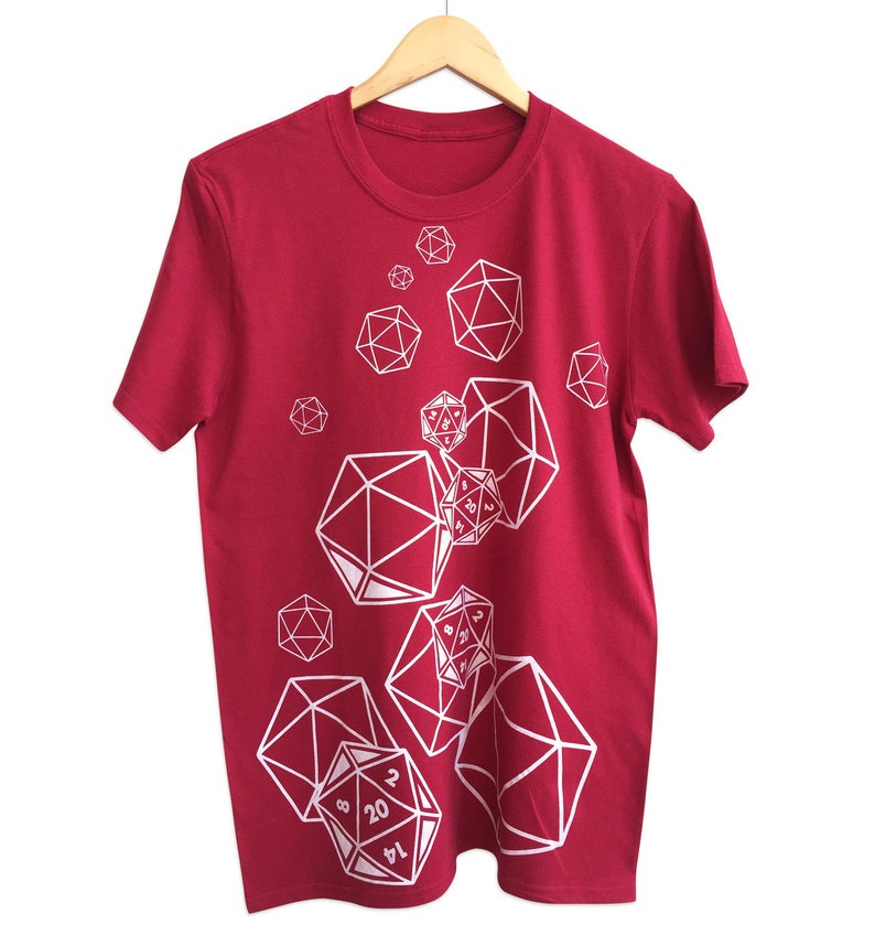 Dungeons and Dragons T-Shirt. D20 Dice Shirt, Black. Geeky Graphic T-shirt. D20 Polyhedral Dice Print Shirt, DnD Shirt, Dungeon Master Gift. Red