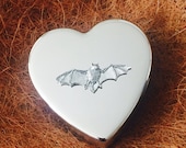 Large Silver Plated Heart Shaped Trinket Pill Jewellery Gift Box with Antique Pewter Bat Emblem