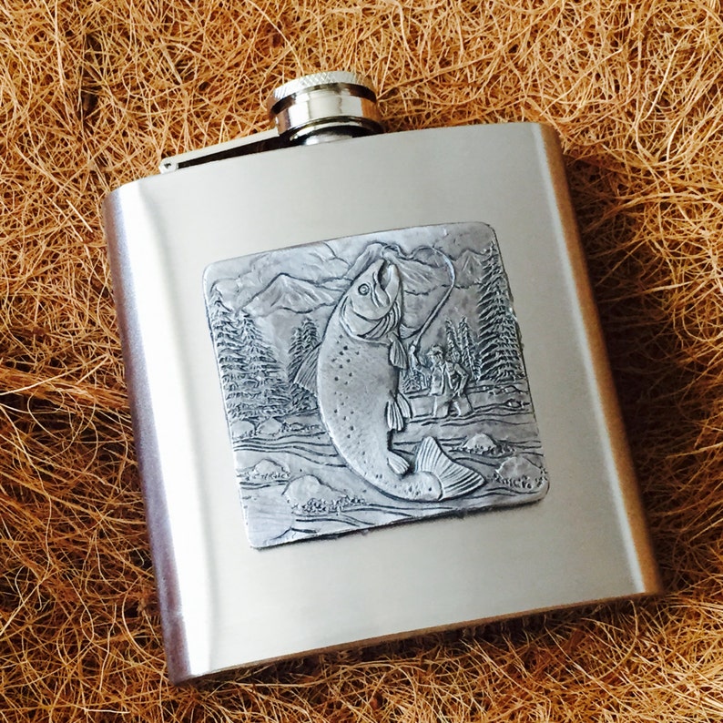 6oz Chrome Hip Flask With Antique Pewter Fishing Scene Emblem Etsy