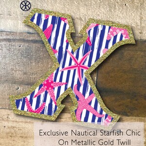 Individual DIY Iron On Letter - Nautical Starfish Chic on Metallic Gold Twill