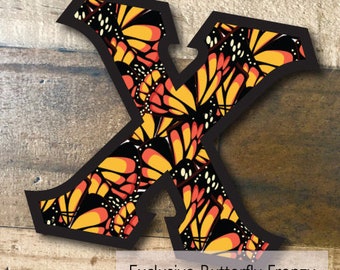 Individual DIY Iron On Letter - Exclusive Animals Butterfly Frenzy Fabric on Black Twill