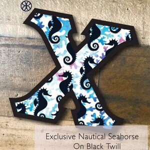 Individual DIY Iron On Letter - Nautical Seahorse on Black Twill