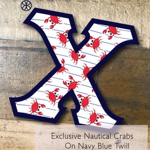 Individual DIY Iron On Letter - Nautical Crabs on Navy Twill