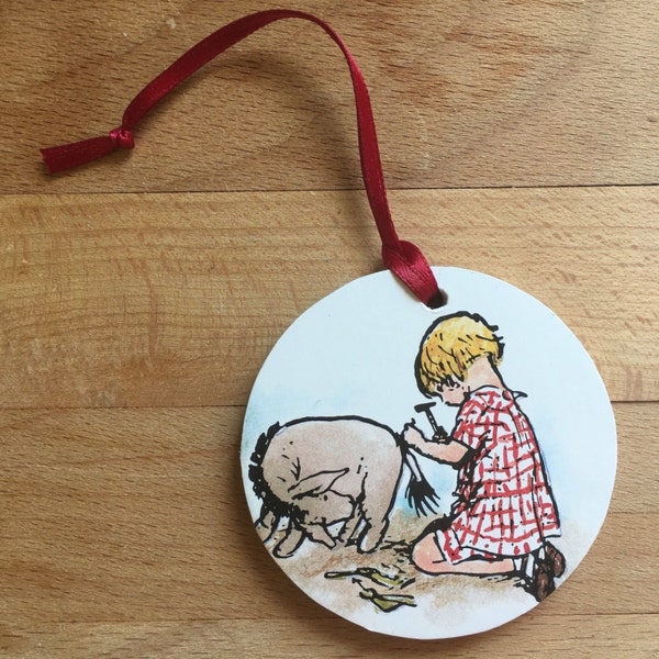 Classic Pooh Bear recycled book page wood slice gift tag/ornament