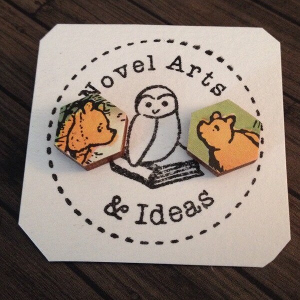 Winnie the Pooh and Piglet upcycled book page wooden hexagon earrings