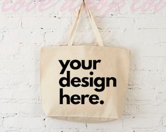 Mockup di grandi dimensioni di Canvas Tote, mock up minimale del muro di mattoni