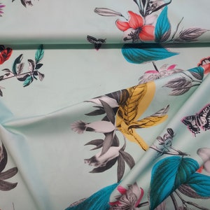 Cotton stretch, mint green, flowers, butterflies
