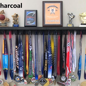 Charcoal 3ft. Trophy shelf, Medal hanger, medal holder, Award display, 4 stains available, easy mounting. Made in USA.