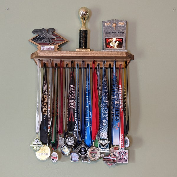 Mahogany, Medal holder, 2ft.  Medal hanger, Award display, Trophy shelf, Hardwood - 4 Stains, semi gloss finish. Made in USA.