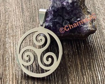 Stainless  Steel  Round Triskelion Celtic Symbol (Trinity) Charm Pendant, Triskel Charm, triple spiral