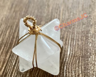 Handmade Gold-Plated Merkaba Quartz Crystal: Sacred Geometry Pendant