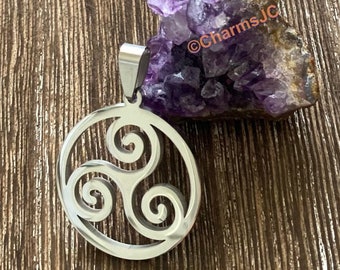 Stainless  Steel  Round Triskelion Celtic Symbol (Trinity) Charm Pendant, Triskel Charm, triple spiral