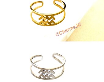 Adjustable Aquarius Ring: Zodiac Symbol, Stainless Steel or Gold-Plated