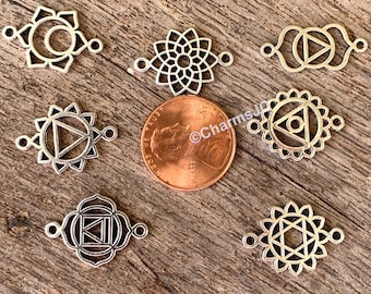 7 Chakra Charms Set: Antique Silver Yoga Healing Connectors
