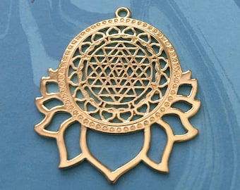 Gold Plated Sri Yantra Lotus Charm: Copper Meditation Pendant