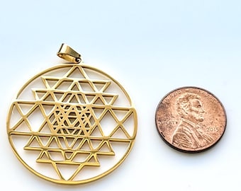 SRI YANTRA Round Gold Toned Pendant Hollow, Stainless Steel Meditation Charm Pendant