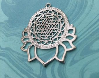Silver Plated Sri Yantra Lotus Charm: Copper Meditation Pendant