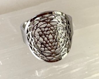 SRI YANTRA RING Stainless Steel Adjustable, Hollow, Sacred Geometry Symbol, Yoga jewelry, Spiritual Jewelry