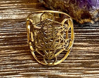 ARCHANGEL Metatron MERKABA Adjustable Ring Gold Plated Stainless Steel, Hollow, Sacred Geometry Symbol, Yoga jewelry, Spiritual Jewelry