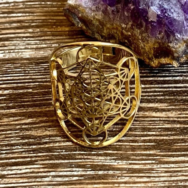 ARCHANGEL Metatron MERKABA Adjustable Ring Gold Plated Stainless Steel, Hollow, Sacred Geometry Symbol, Yoga jewelry, Spiritual Jewelry