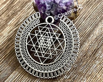 Silver Plated Sri Yantra Charm: Hollow Meditation Pendant (49mm)