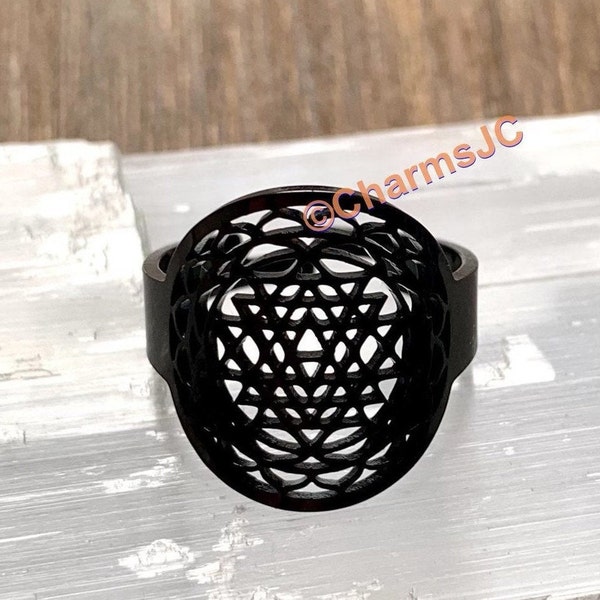 SRI YANTRA RING Black Stainless Steel Adjustable, Hollow, Sacred Geometry Symbol, Yoga jewelry, Spiritual Jewelry