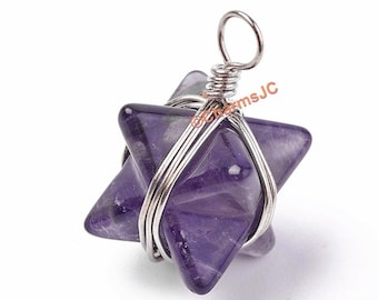 Amethyst Merkaba Star Pendant: Natural Healing Gemstone, Brass Wrapped