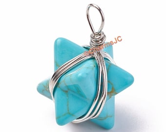 Synthetic Turquoise Merkaba Star Pendant: Brass Wrapped Healing Crystal