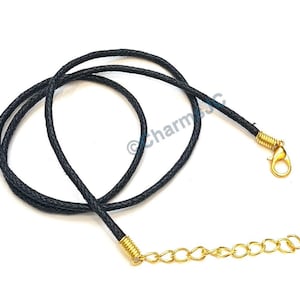 Black Waxed Cotton Necklace Cord Set: Adjustable Gold Plated Clasp, 2mm (5pcs)