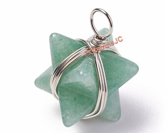 Green Aventurine Merkaba Star Pendant: Brass Wrapped Healing Crystal