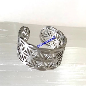 FLOWER of LIFE RING  Stainless Steel Adjustable, Hollow, Sacred Geometry Symbol
