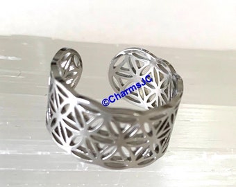 FLOWER of LIFE RING  Stainless Steel Adjustable, Hollow, Sacred Geometry Symbol