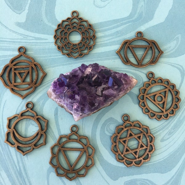 7 Chakras set,Yoga Healing Pendants, Zinc Based Alloy(Lead & Nickel Safe), Antique Bronze, Mixed Hollow.