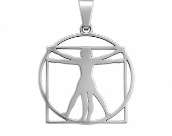 Vitruvian Man Necklace, Stainless Steel Leonardo da Vinci Pendant, Renaissance Art Jewelry, Anatomy Science Gift for Men Women