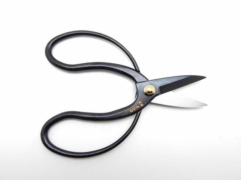 May include: Black pruning shears with gold accents and a curved handle. The shears have a sharp blade and are designed for cutting branches and stems.