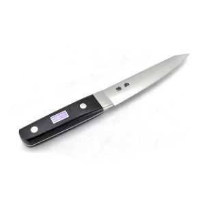 May include: A black handled kitchen knife with a stainless steel blade. The blade has a slight curve and the handle has two rivets. The knife has Japanese text on the blade that reads "Ryusen".