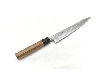YuiSenri Original Pro Knife, Aogami Super Warikomi/Clad Hammered, Sujihiki Slicer 240 mm/9.4", Octagonal Walnut Handle