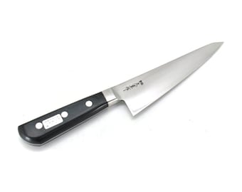 May include: A black handled kitchen knife with a stainless steel blade. The blade has a Japanese inscription on it.